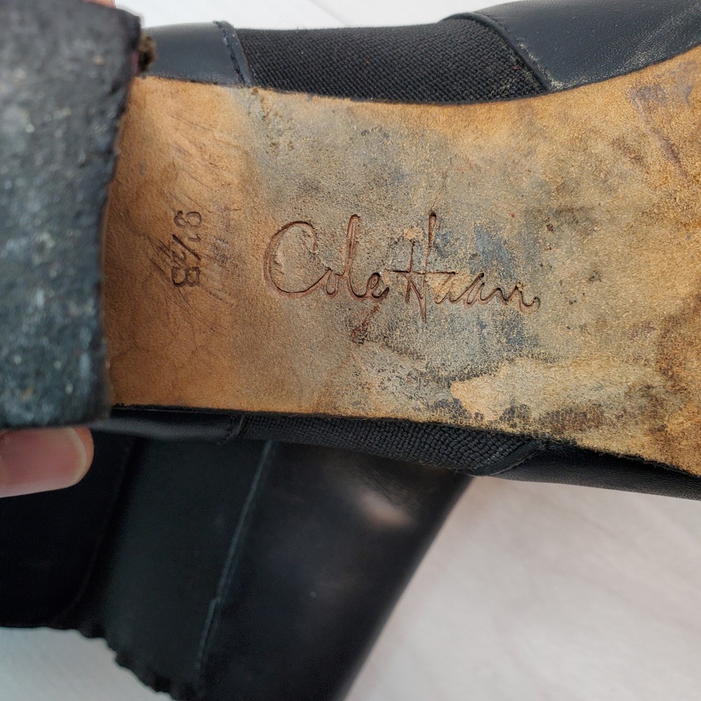 Cole Haan Black Leather Ankle Boots Buckle‎ Elastic Side Block Heel 9.5B - Picture 9 of 16